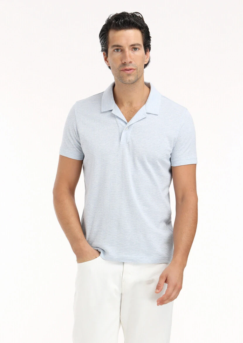 Açık Mavi Jakarlı Küba Yaka %100 Pamuk T-Shirt 