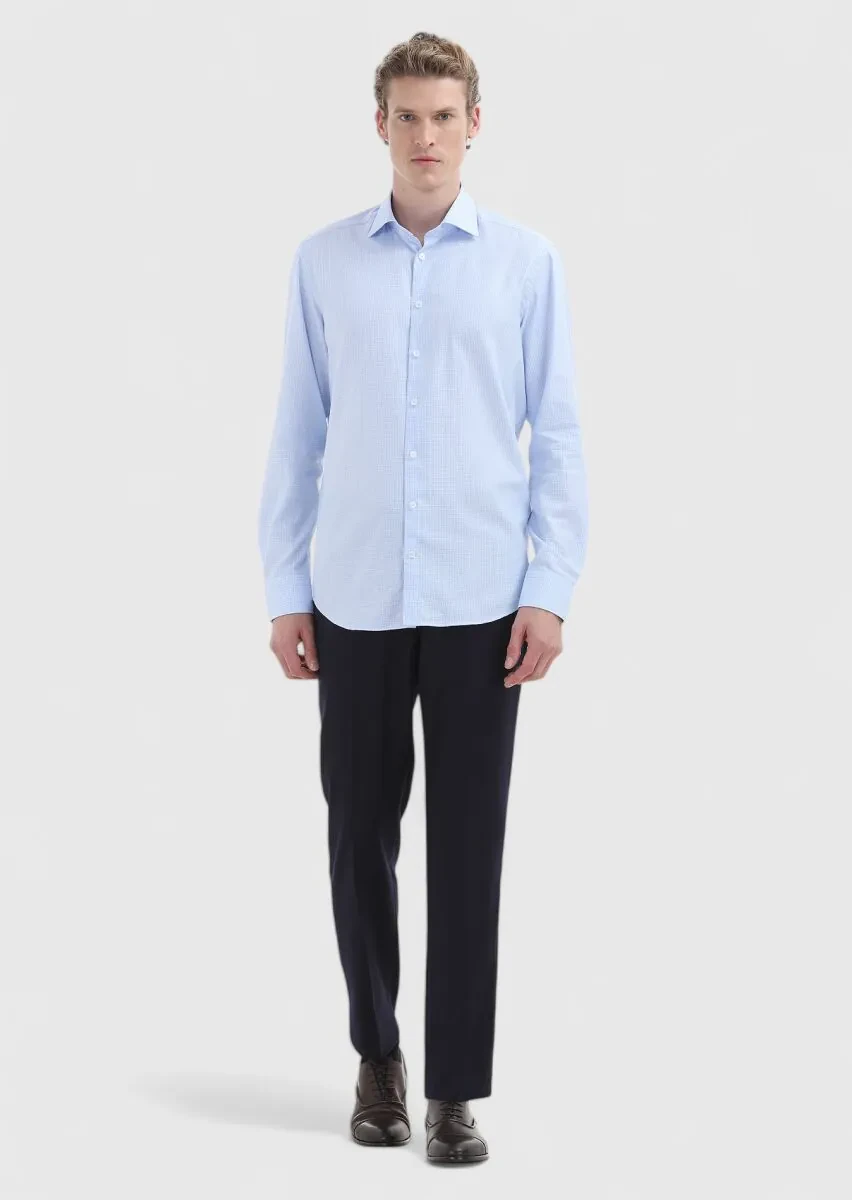 Açık Mavi Mikro Regular Fit Dokuma Klasik %100 Pamuk Gömlek - 1