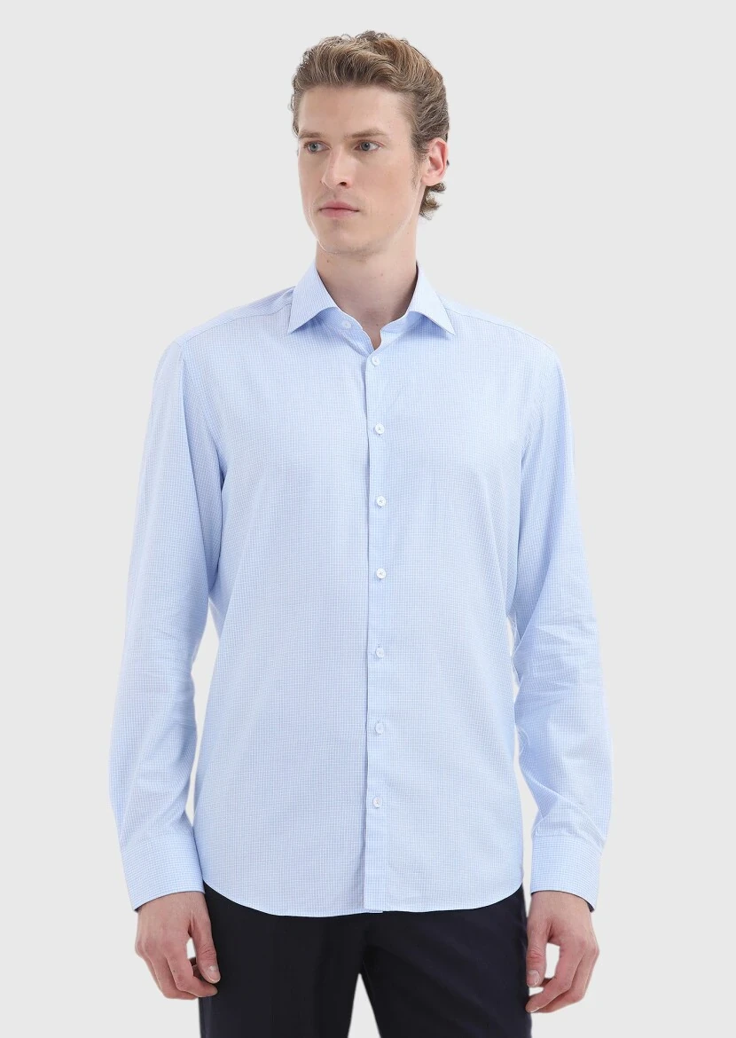 Açık Mavi Mikro Regular Fit Dokuma Klasik %100 Pamuk Gömlek - 2