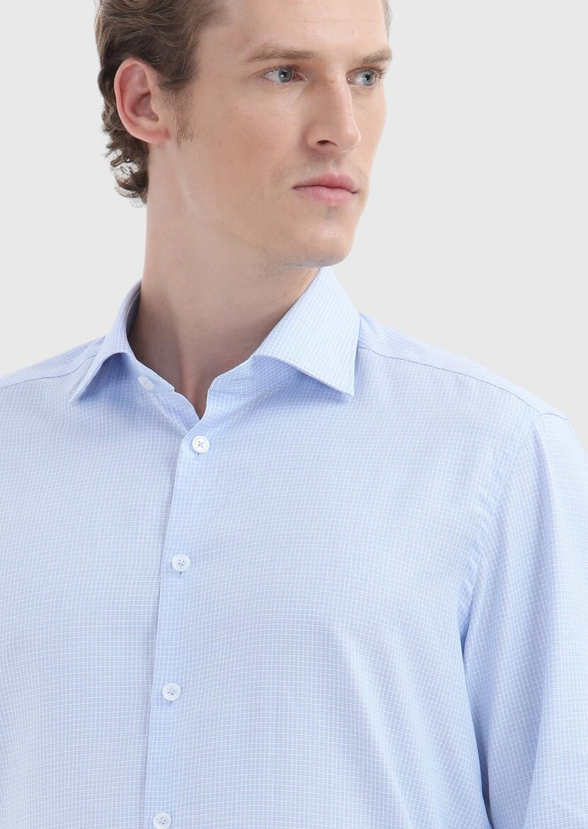Açık Mavi Mikro Regular Fit Dokuma Klasik %100 Pamuk Gömlek - 3
