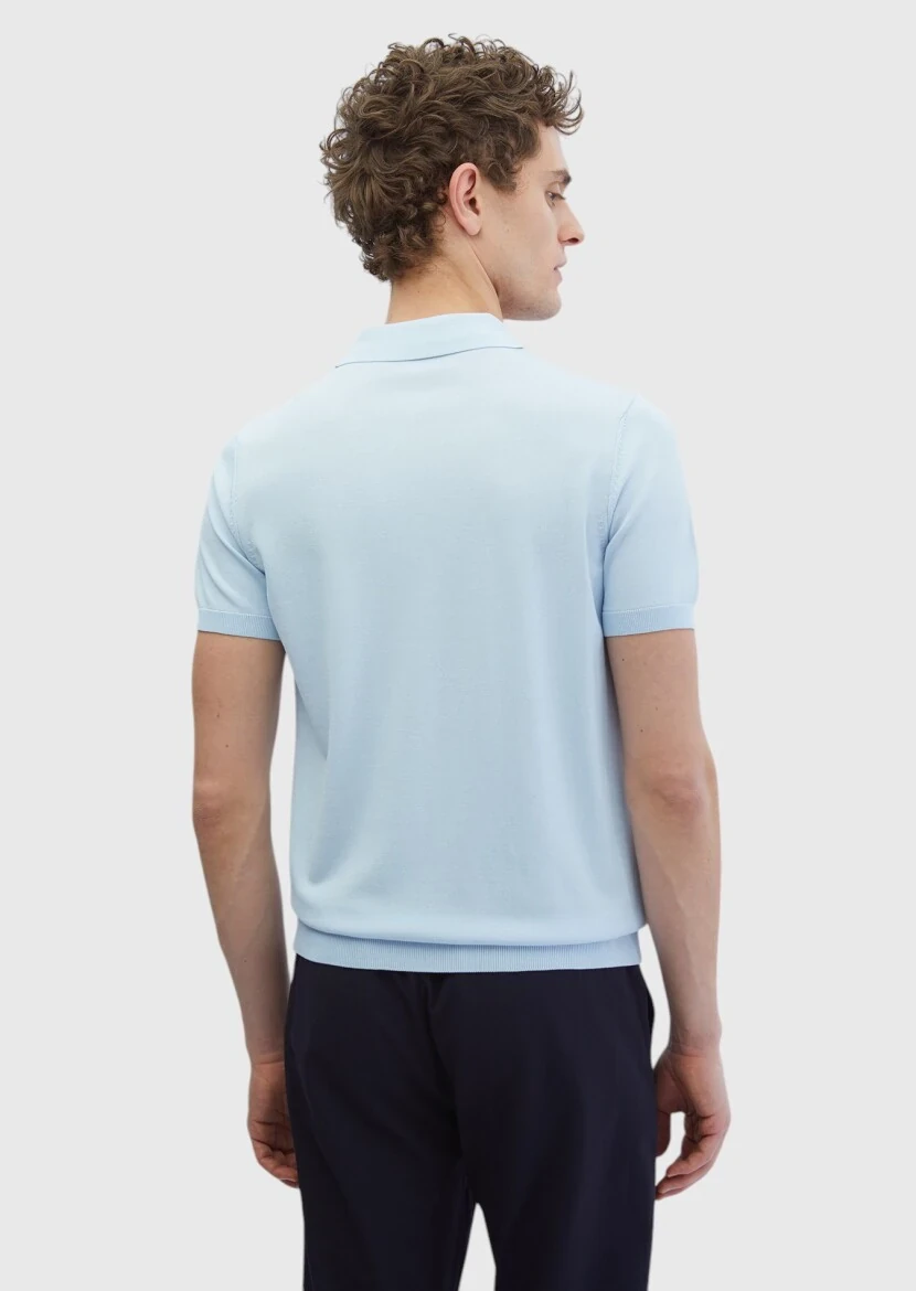 Açık Mavi Polo Yaka Düz Örgü Triko - 6
