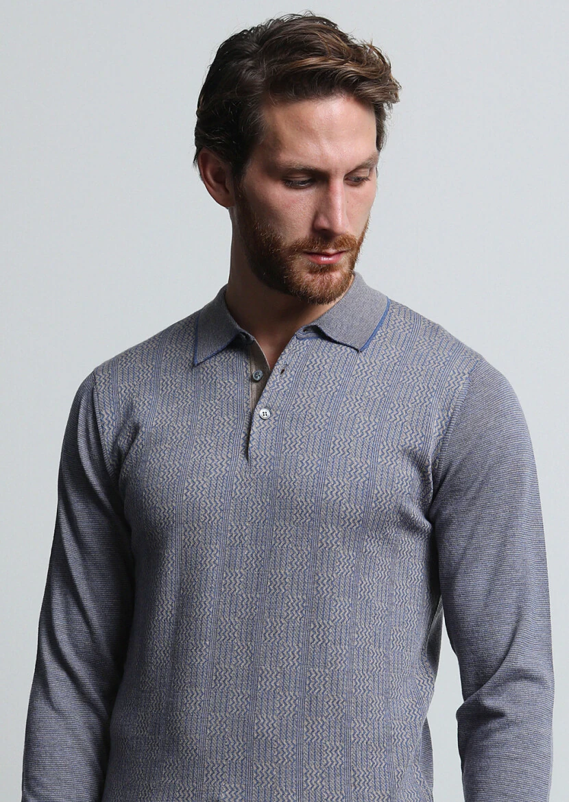 Açık Mavi Polo Yaka Jakarlı %100 Yün Triko Kazak 