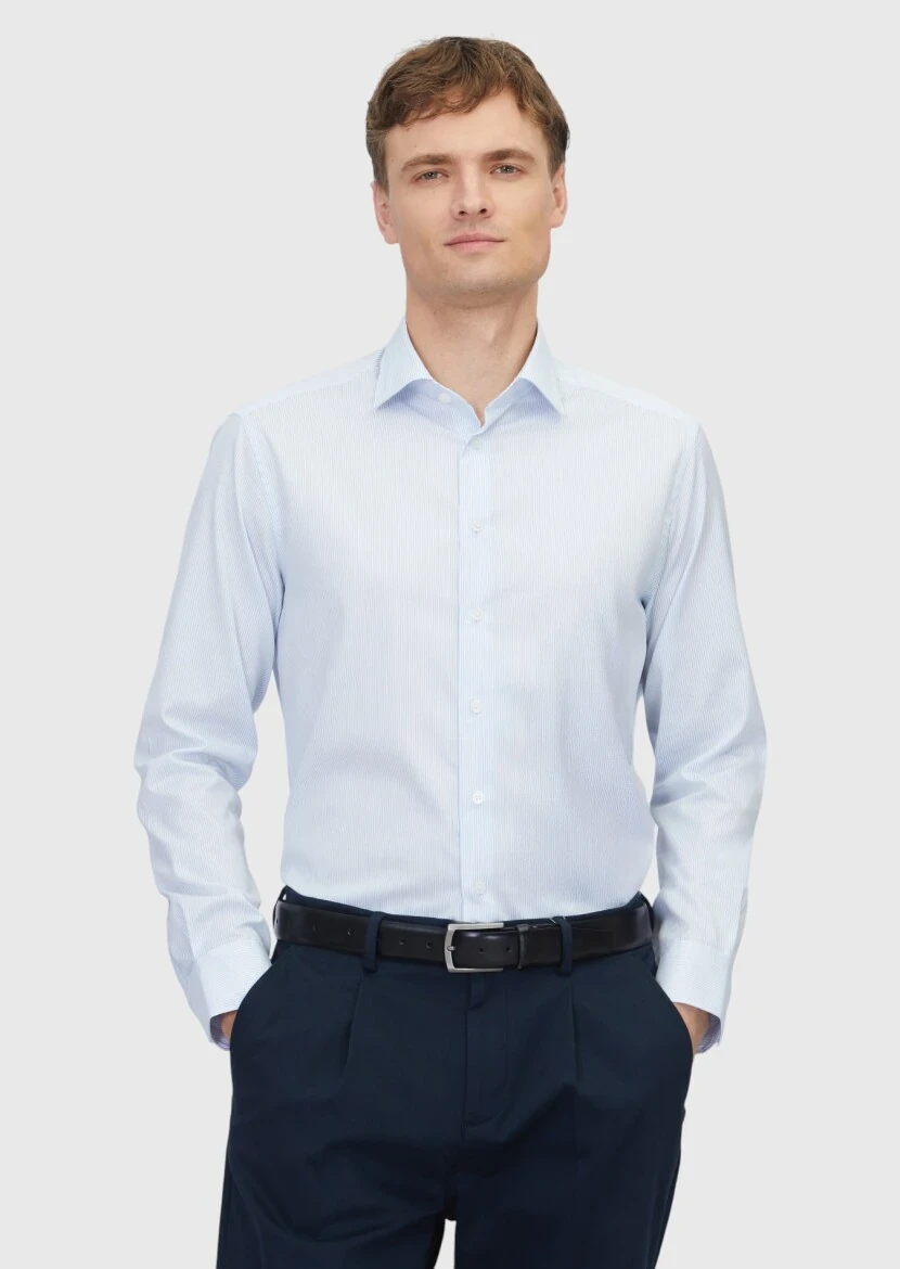 Açık Mavi Regular Fit Dokuma Klasik %100 Pamuk Gömlek - 1