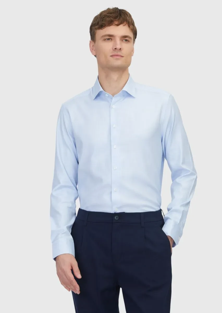 Açık Mavi Regular Fit Dokuma Klasik Pamuk Karışımlı Gömlek - 1