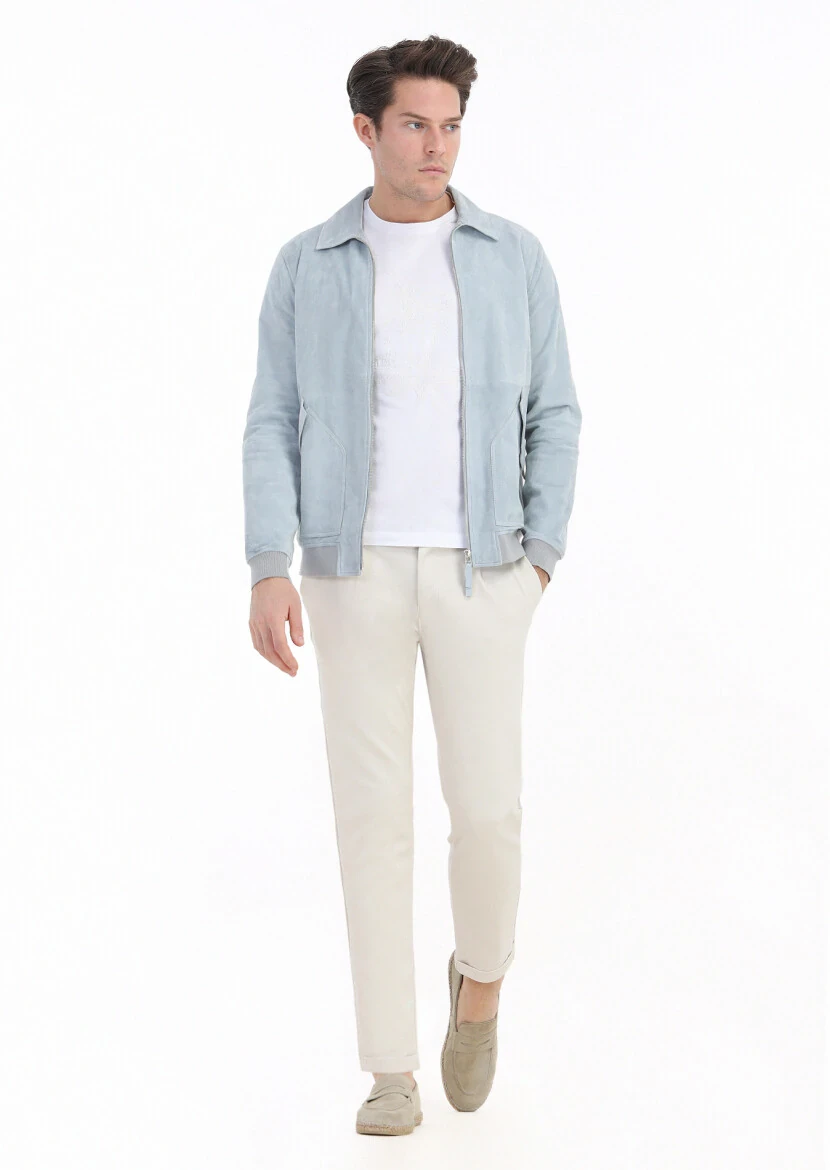 Açık Mavi Regular Fit Gömlek Yaka Casual Süet Deri Mont - 1