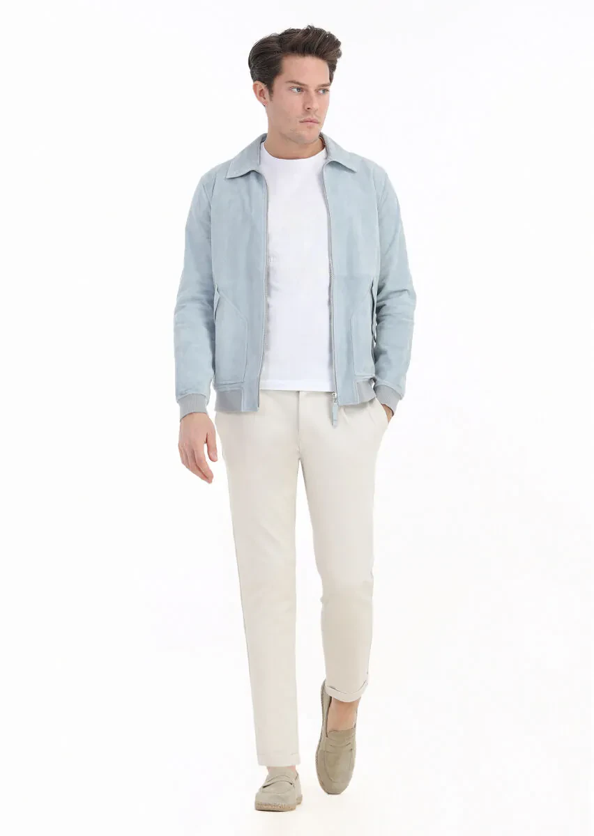 Açık Mavi Regular Fit Gömlek Yaka Casual Süet Deri Mont - 1