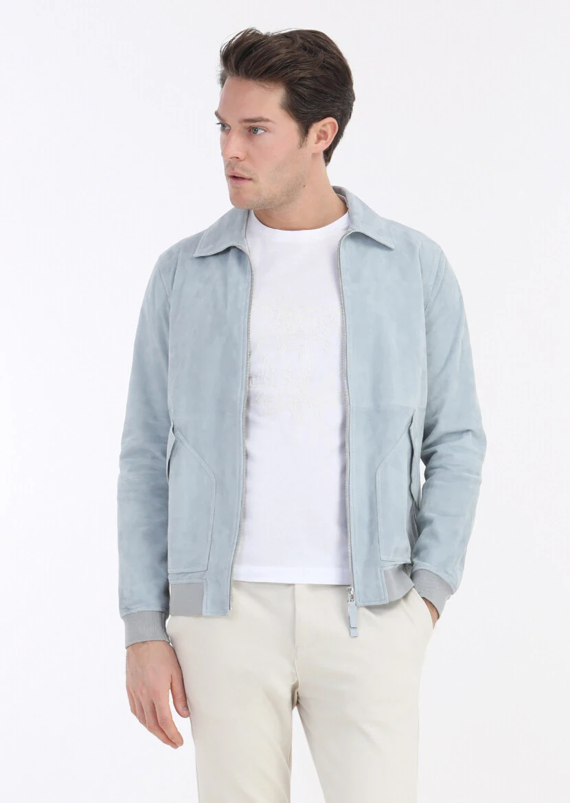 Açık Mavi Regular Fit Gömlek Yaka Casual Süet Deri Mont - 2