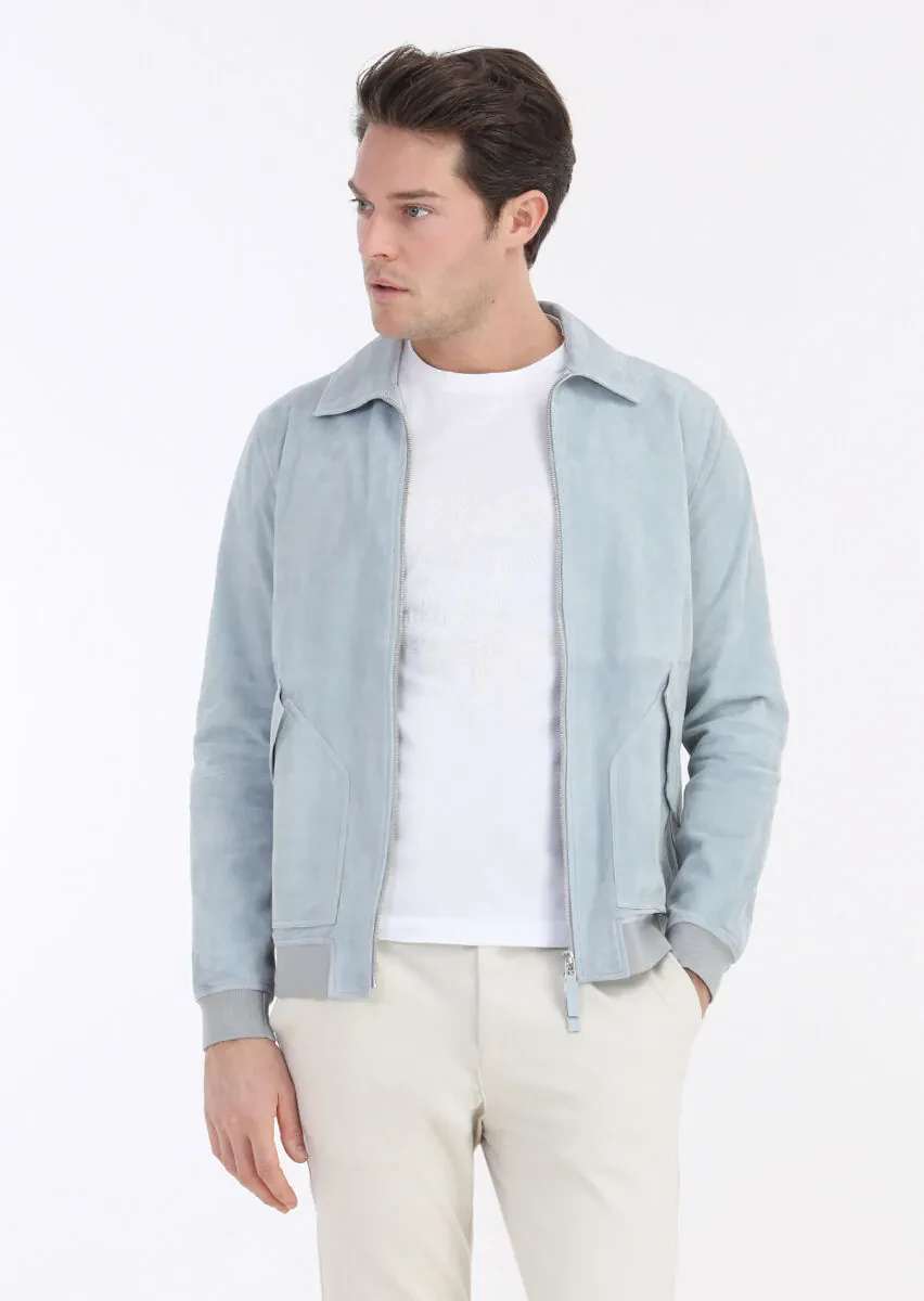 Açık Mavi Regular Fit Gömlek Yaka Casual Süet Deri Mont - 2