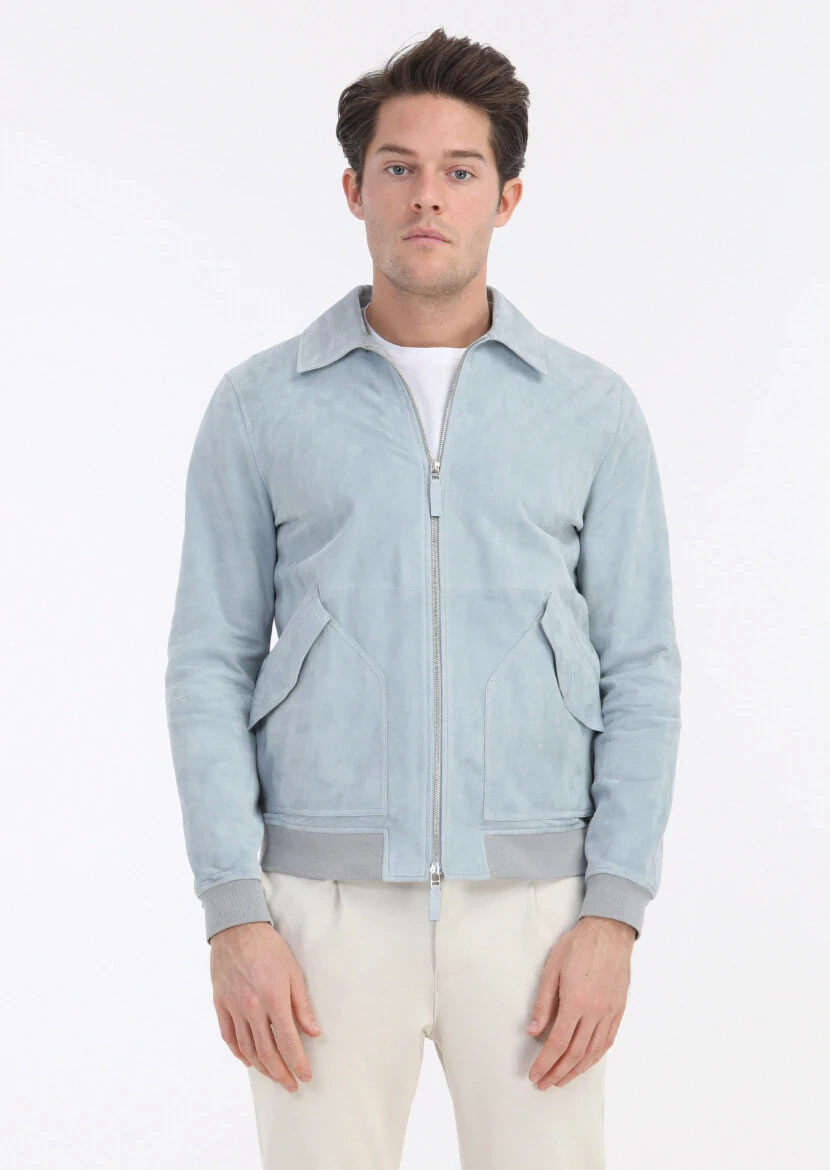 Açık Mavi Regular Fit Gömlek Yaka Casual Süet Deri Mont - 3