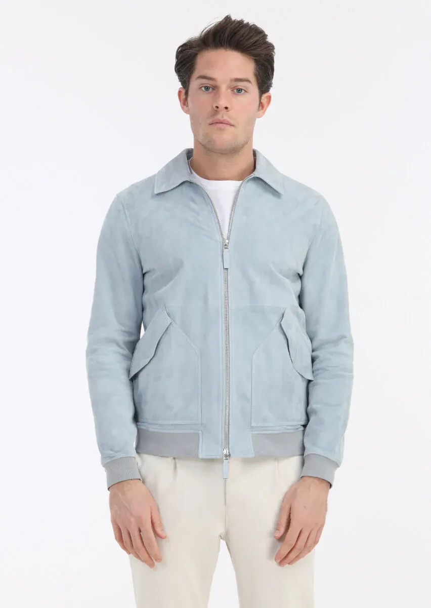 Açık Mavi Regular Fit Gömlek Yaka Casual Süet Deri Mont - 3