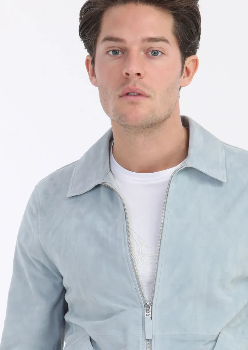 Açık Mavi Regular Fit Gömlek Yaka Casual Süet Deri Mont - 4