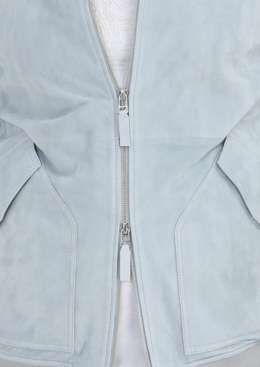 Açık Mavi Regular Fit Gömlek Yaka Casual Süet Deri Mont - 5