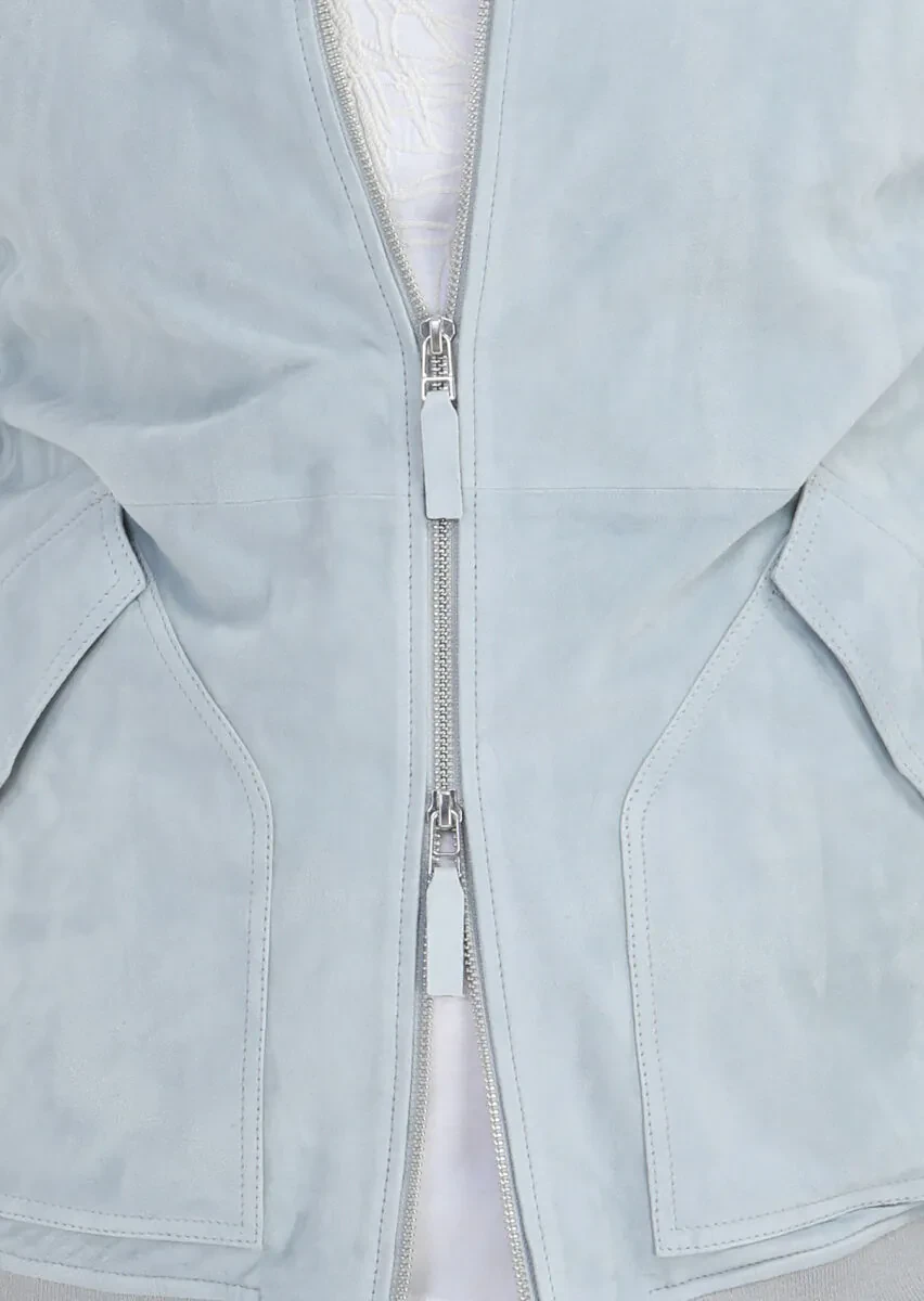 Açık Mavi Regular Fit Gömlek Yaka Casual Süet Deri Mont - 5