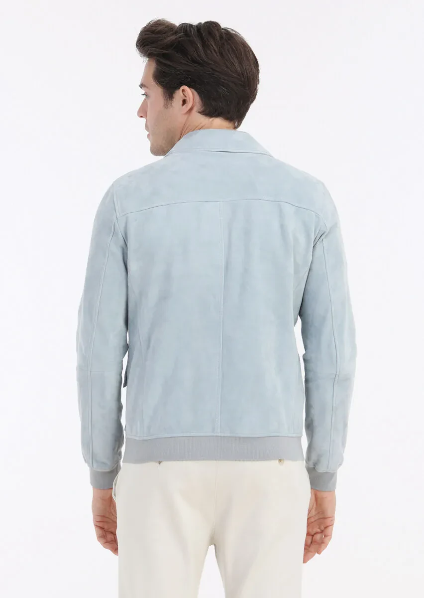 Açık Mavi Regular Fit Gömlek Yaka Casual Süet Deri Mont - 6