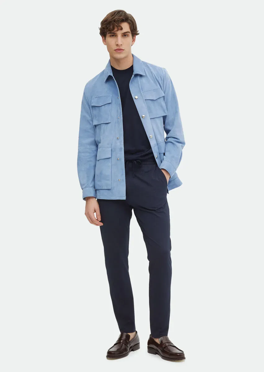 Açık Mavi Regular Fit Gömlek Yaka Casual Süet Deri Mont - 2