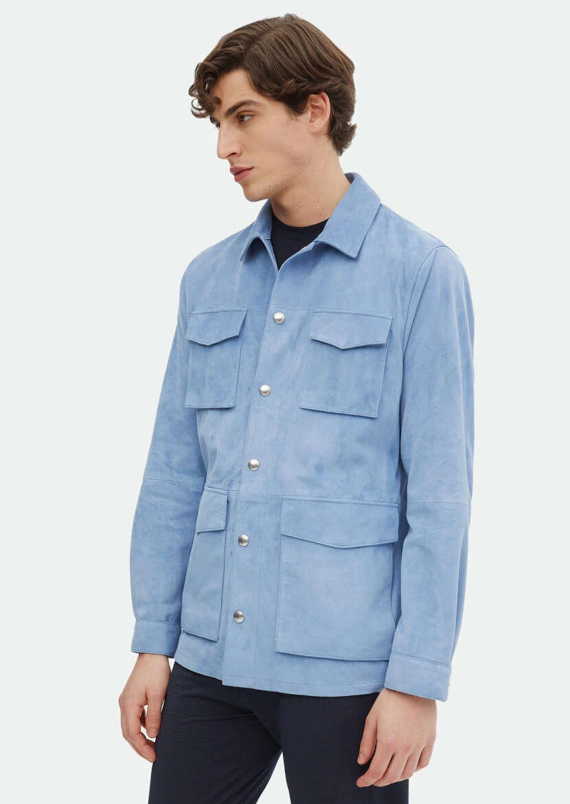 Açık Mavi Regular Fit Gömlek Yaka Casual Süet Deri Mont - 3