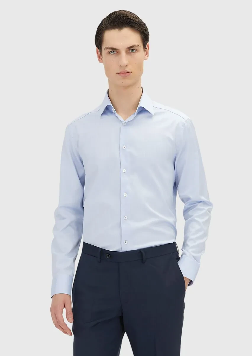 Açık Mavi Regular Fit Ütü İstemeyen Dokuma Klasik %100 Pamuk Gömlek - 1