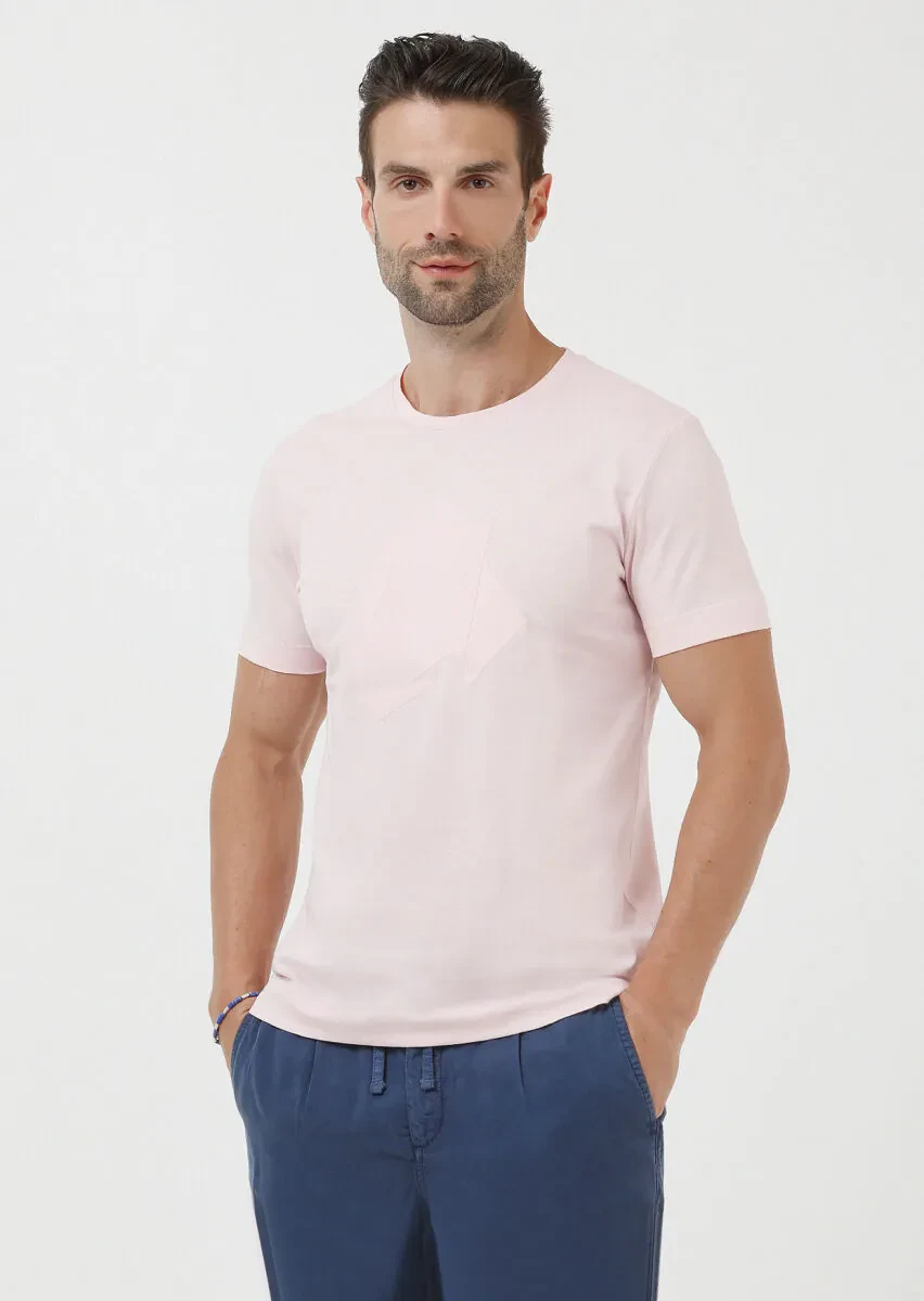 Açık Pembe Baskılı Bisiklet Yaka Pamuk Karışımlı T-Shirt - 1
