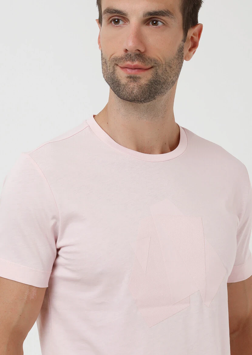 Açık Pembe Baskılı Bisiklet Yaka Pamuk Karışımlı T-Shirt - 3