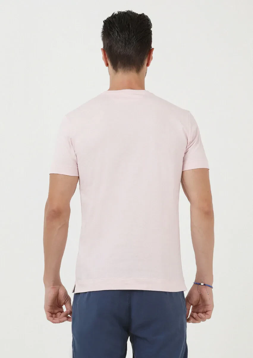 Açık Pembe Baskılı Bisiklet Yaka Pamuk Karışımlı T-Shirt - 4