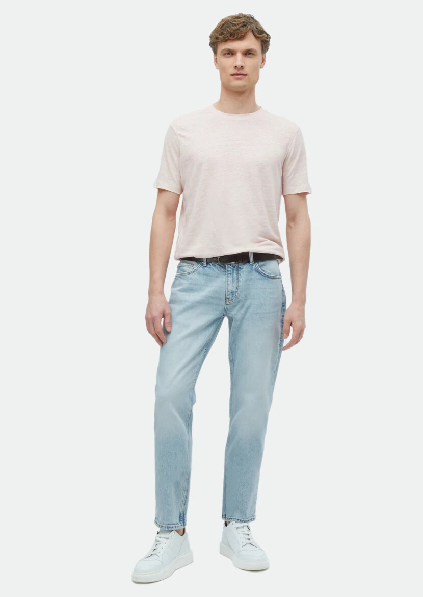 Açık Pembe Düz Bisiklet Yaka %100 Keten T-Shirt 