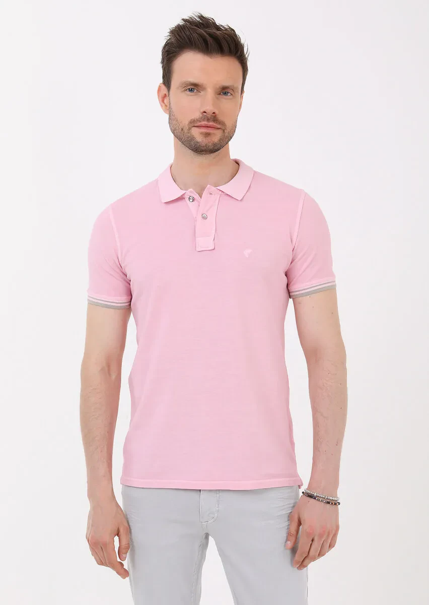 Açık Pembe Düz Polo Yaka %100 Pamuk T-Shirt - 1