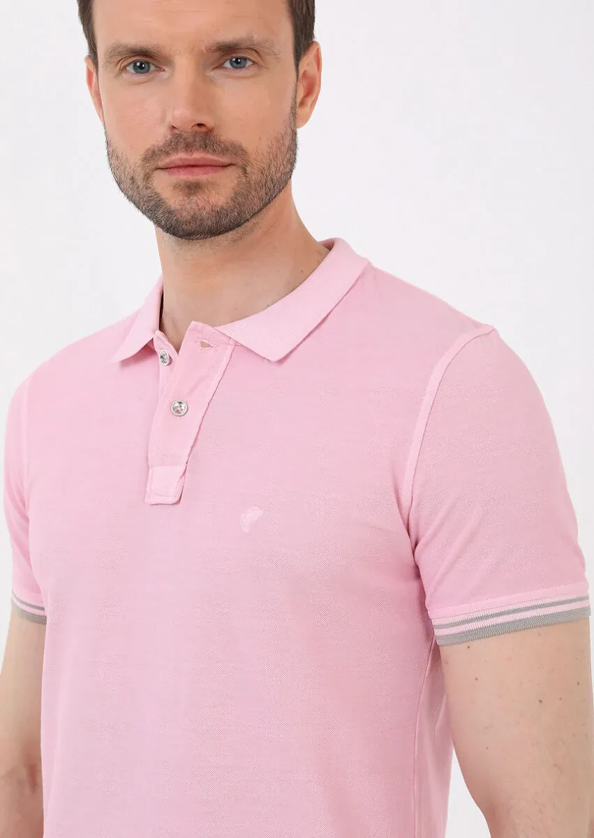 Açık Pembe Düz Polo Yaka %100 Pamuk T-Shirt - 3