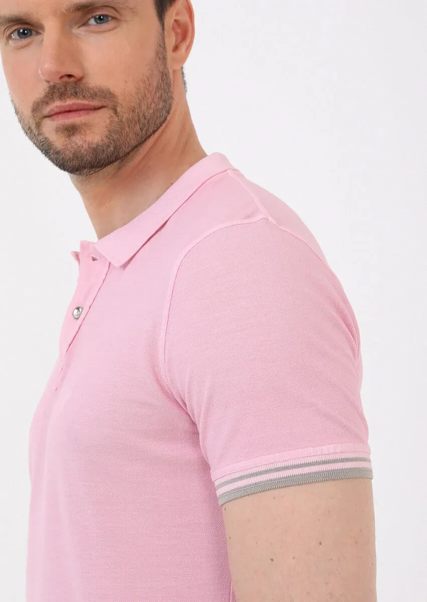 Açık Pembe Düz Polo Yaka %100 Pamuk T-Shirt - 5