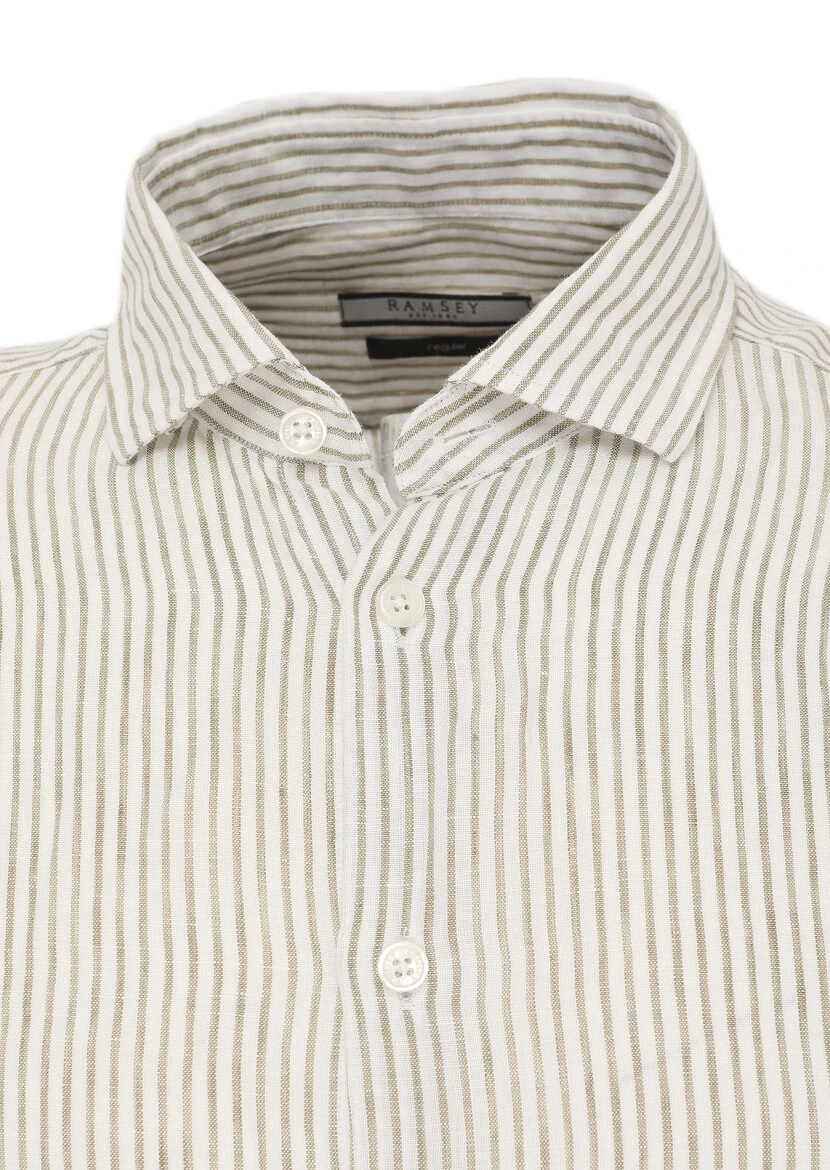 Açık Yeşil Çizgili Regular Fit Dokuma Casual %100 Keten Gömlek 