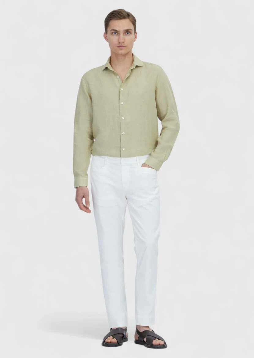 Açık Yeşil Düz Casual Fit Dokuma Casual %100 Keten Gömlek - RAMSEY