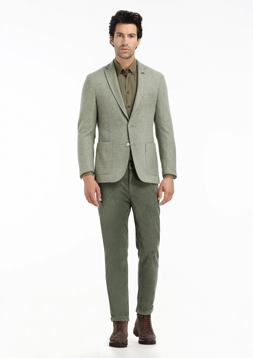 Açık Yeşil Düz Shirt Shoulder Slim Fit Yün Karışımlı Örme Ceket - 1