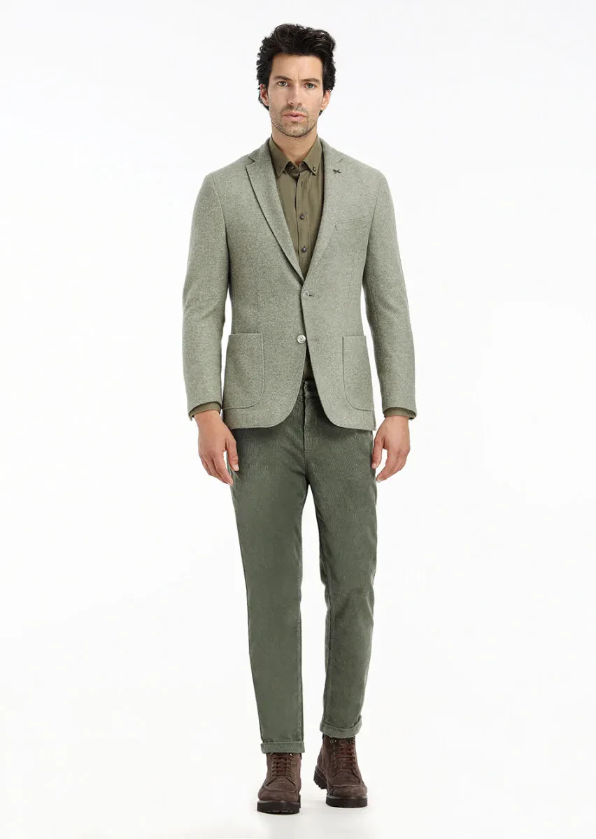 Açık Yeşil Düz Shirt Shoulder Slim Fit Yün Karışımlı Örme Ceket - 1