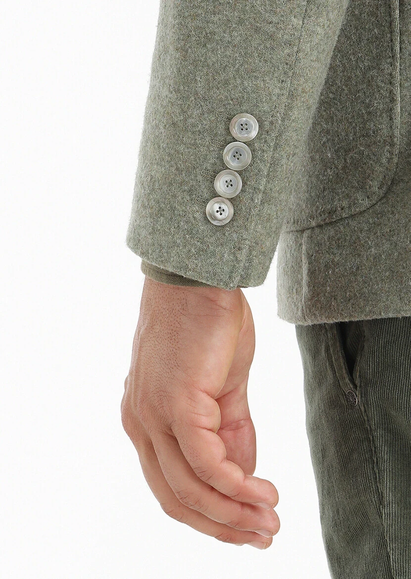 Açık Yeşil Düz Shirt Shoulder Slim Fit Yün Karışımlı Örme Ceket - 4