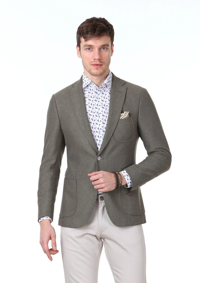 Açık Yeşil Düz Zeroweight Slim Fit Pamuk Karışımlı Örme Ceket - 1