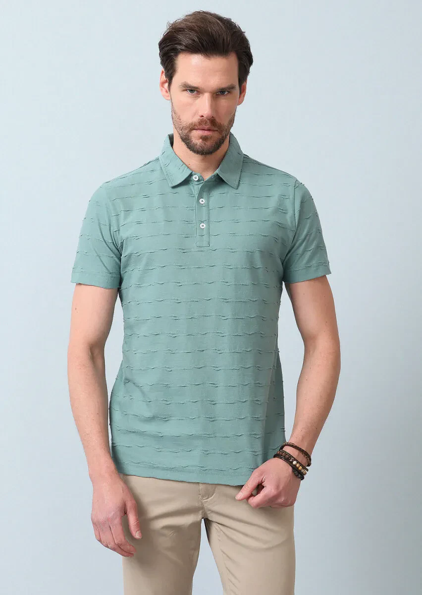 Açık Yeşil Jakarlı Polo Yaka %100 Pamuk T-Shirt - 2