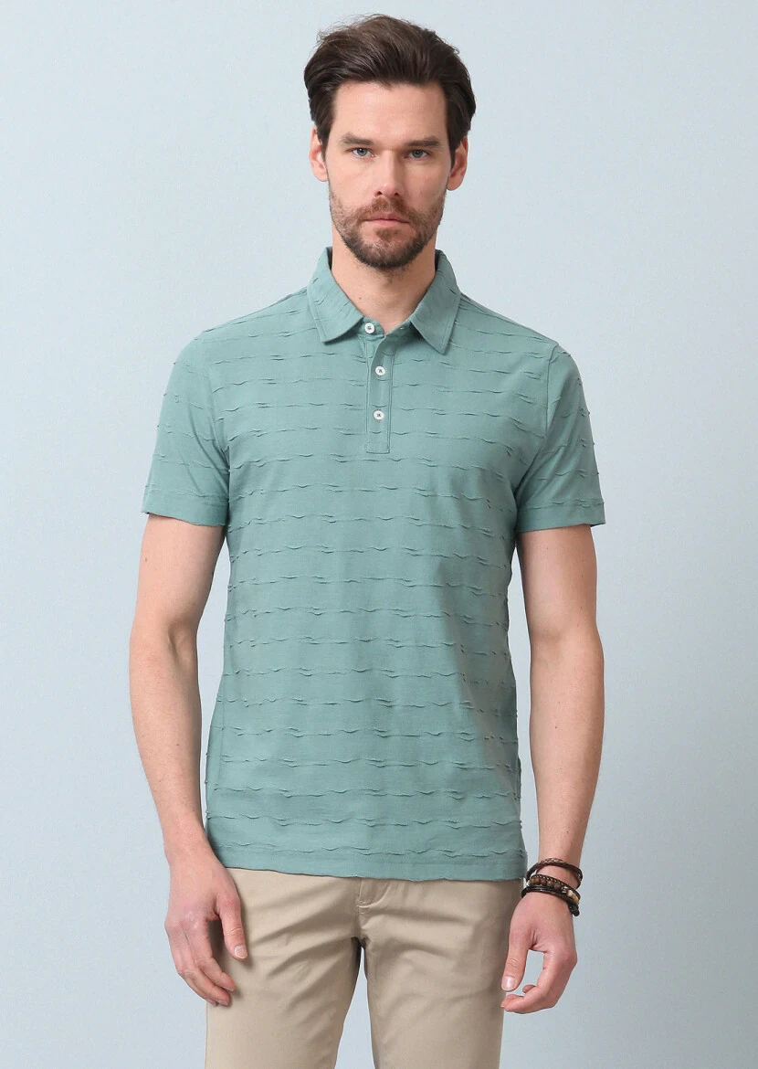 Açık Yeşil Jakarlı Polo Yaka %100 Pamuk T-Shirt - 5