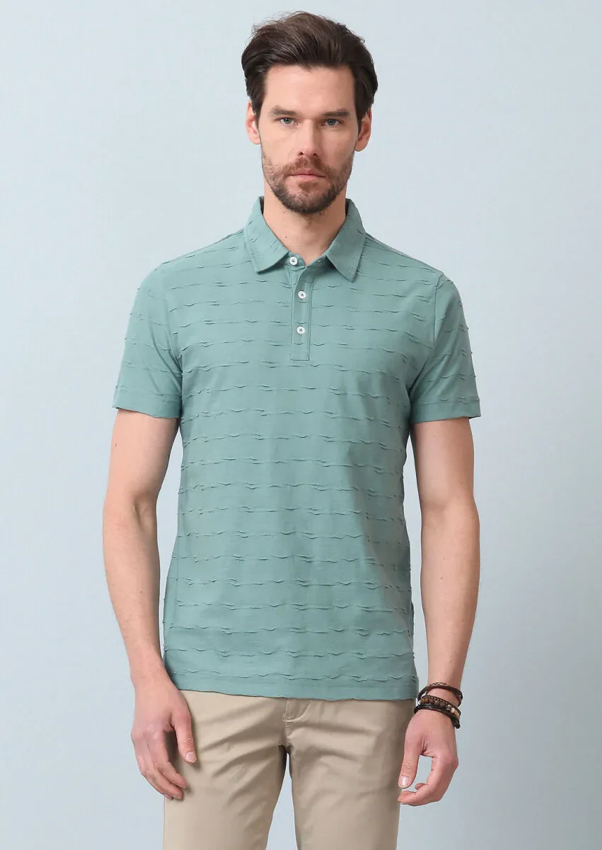 Açık Yeşil Jakarlı Polo Yaka %100 Pamuk T-Shirt - 5