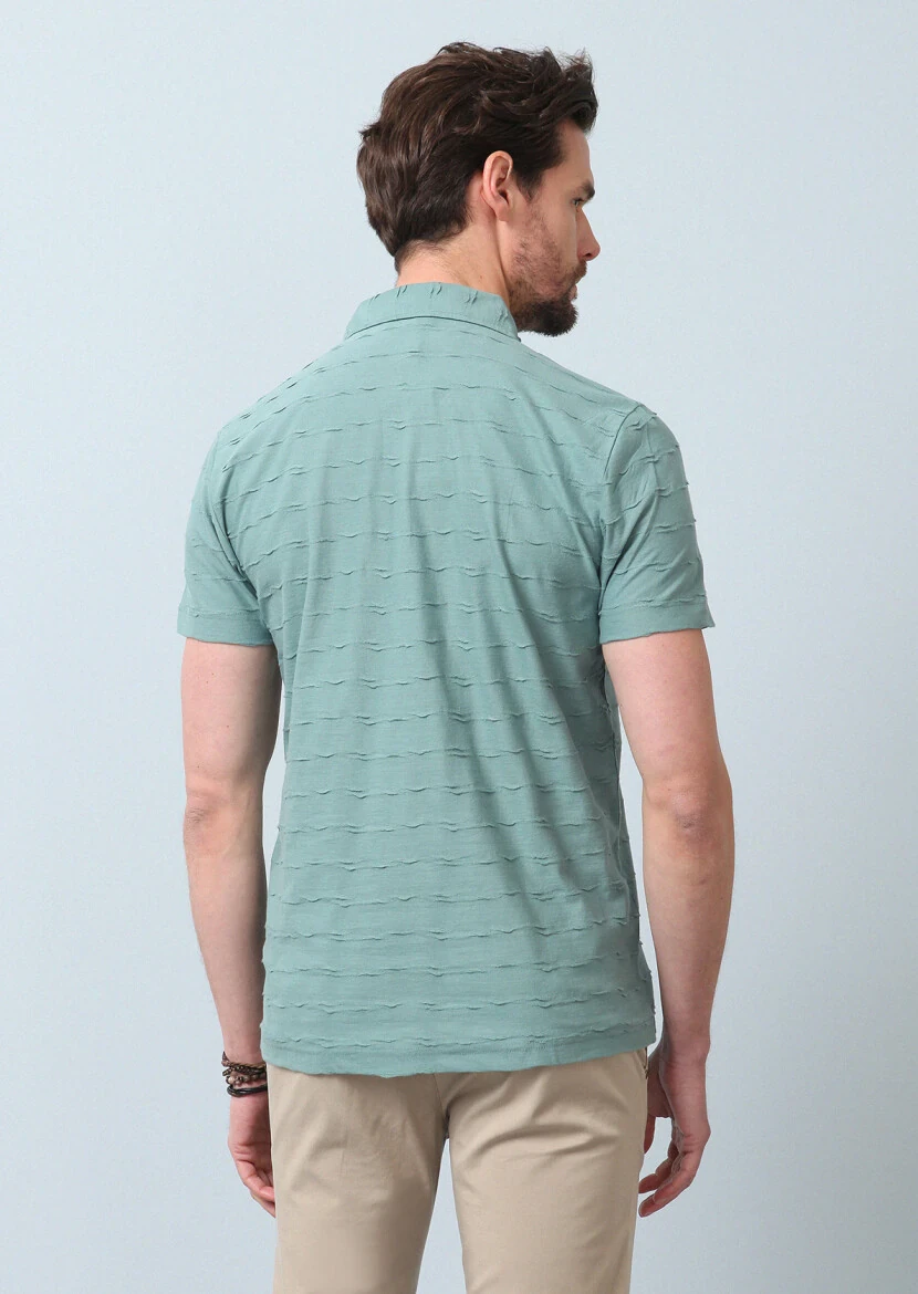 Açık Yeşil Jakarlı Polo Yaka %100 Pamuk T-Shirt - 6