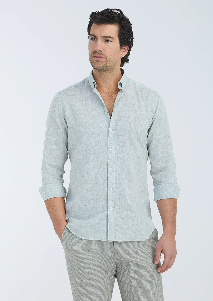 Açık Yeşil Mikro Regular Fit Dokuma Casual Pamuk Karışımlı Gömlek 