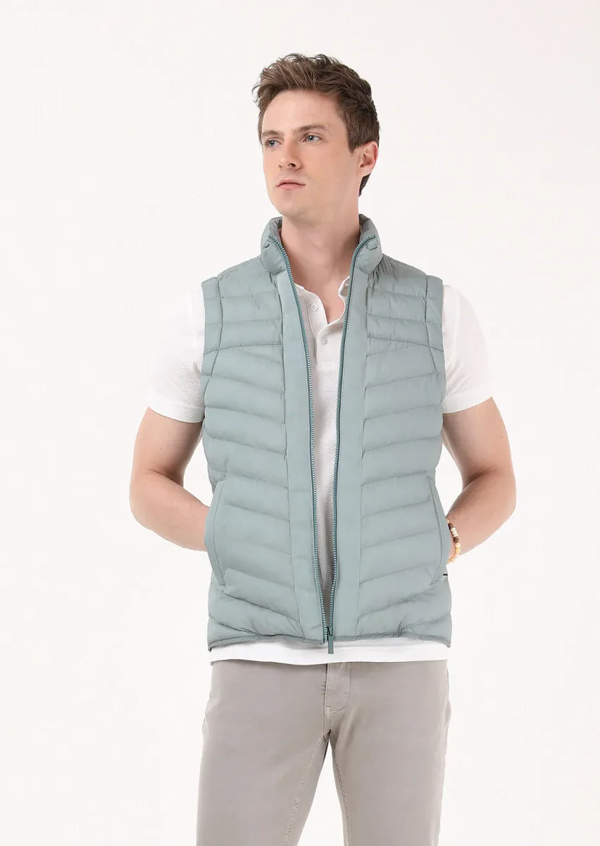 Açık Yeşil Regular Fit Dik Yaka Casual Dokuma Spor Yelek - 1