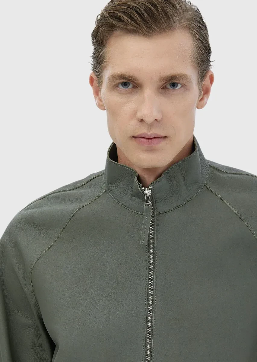 Açık Yeşil Regular Fit Dik Yaka Casual Süet Deri Mont - 4