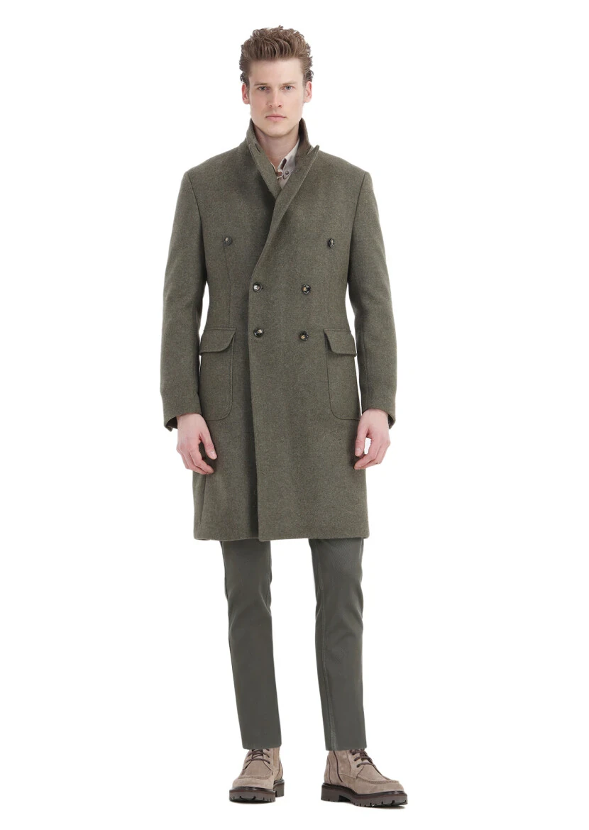 Açık Yeşil Regular Fit Kruvaze Yaka Casual Dokuma Palto - 2