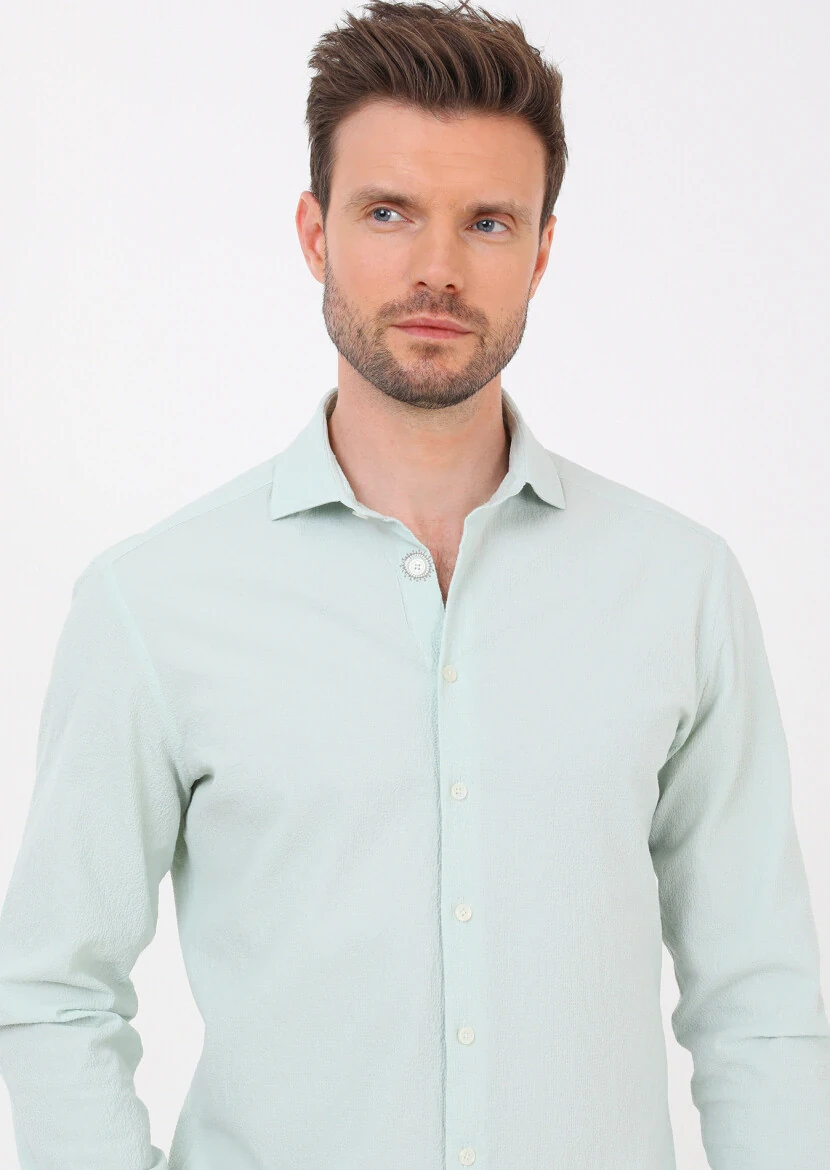 Açık Yeşil Slim Fit Dokuma Casual Pamuk Karışımlı Gömlek - 4