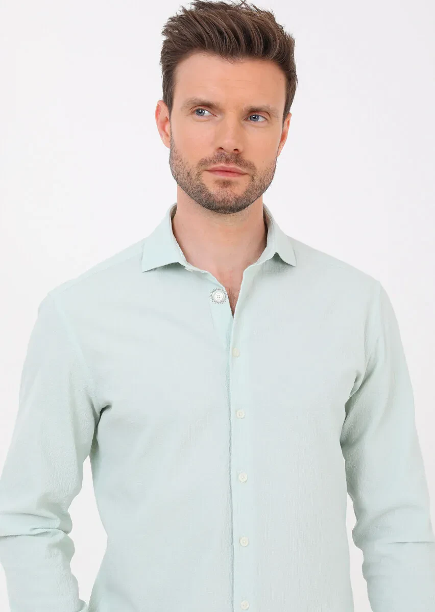 Açık Yeşil Slim Fit Dokuma Casual Pamuk Karışımlı Gömlek - 4