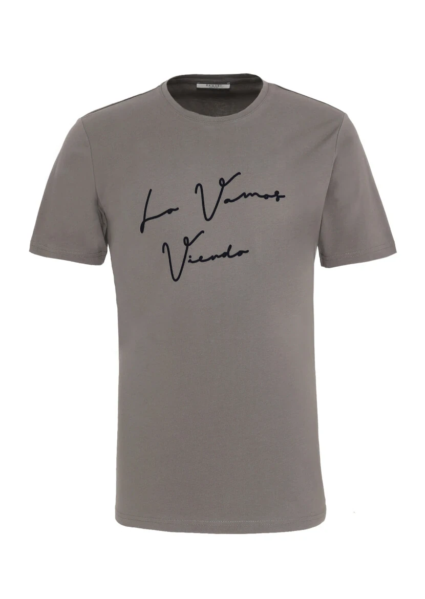 Antrasit Baskılı Bisiklet Yaka %100 Pamuk T-Shirt - 1