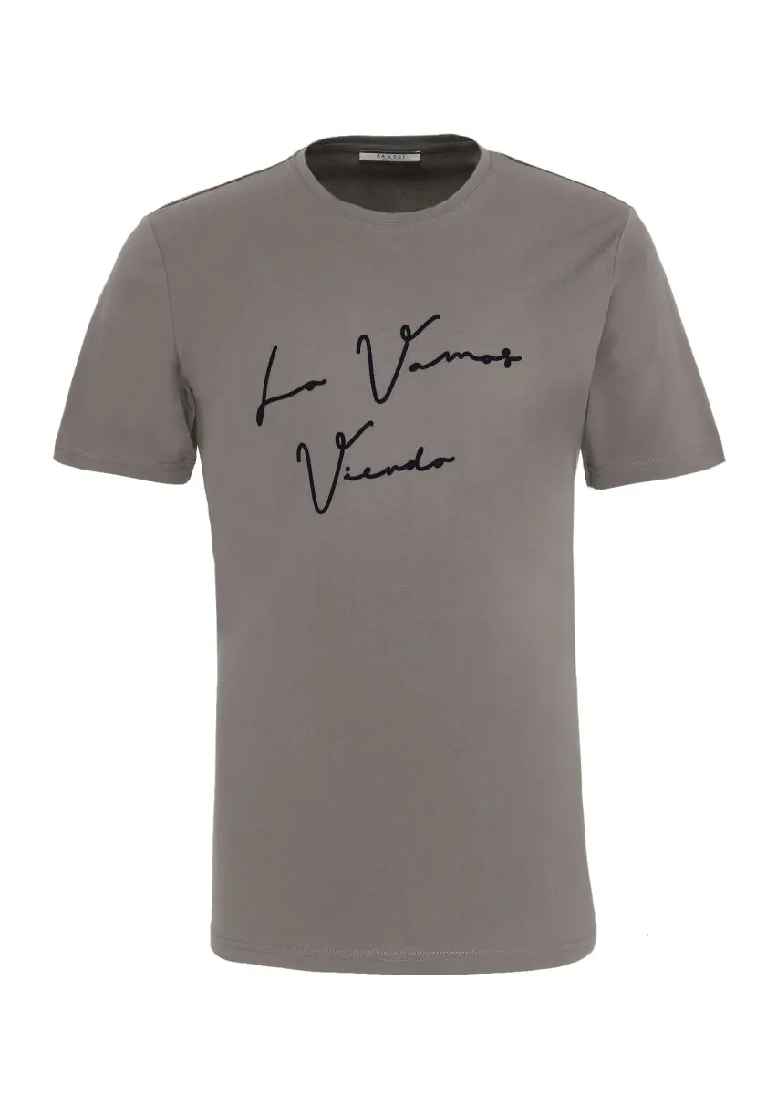 Antrasit Baskılı Bisiklet Yaka %100 Pamuk T-Shirt - 1