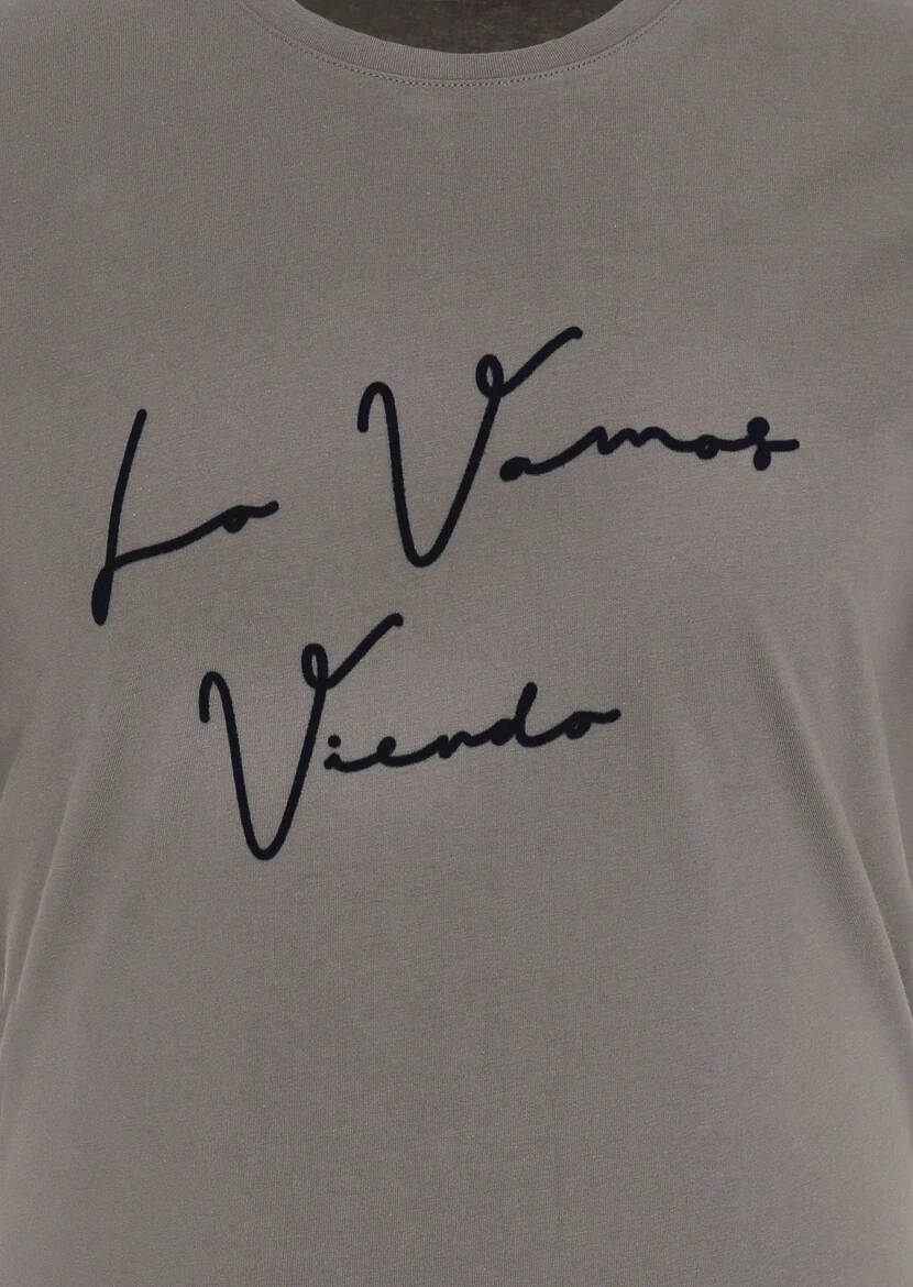 Antrasit Baskılı Bisiklet Yaka %100 Pamuk T-Shirt - 2