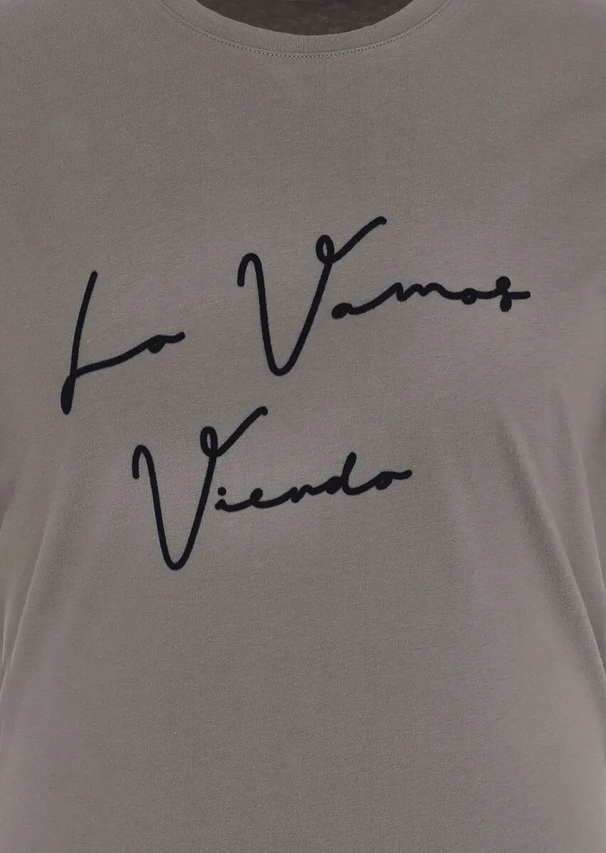 Antrasit Baskılı Bisiklet Yaka %100 Pamuk T-Shirt - 2