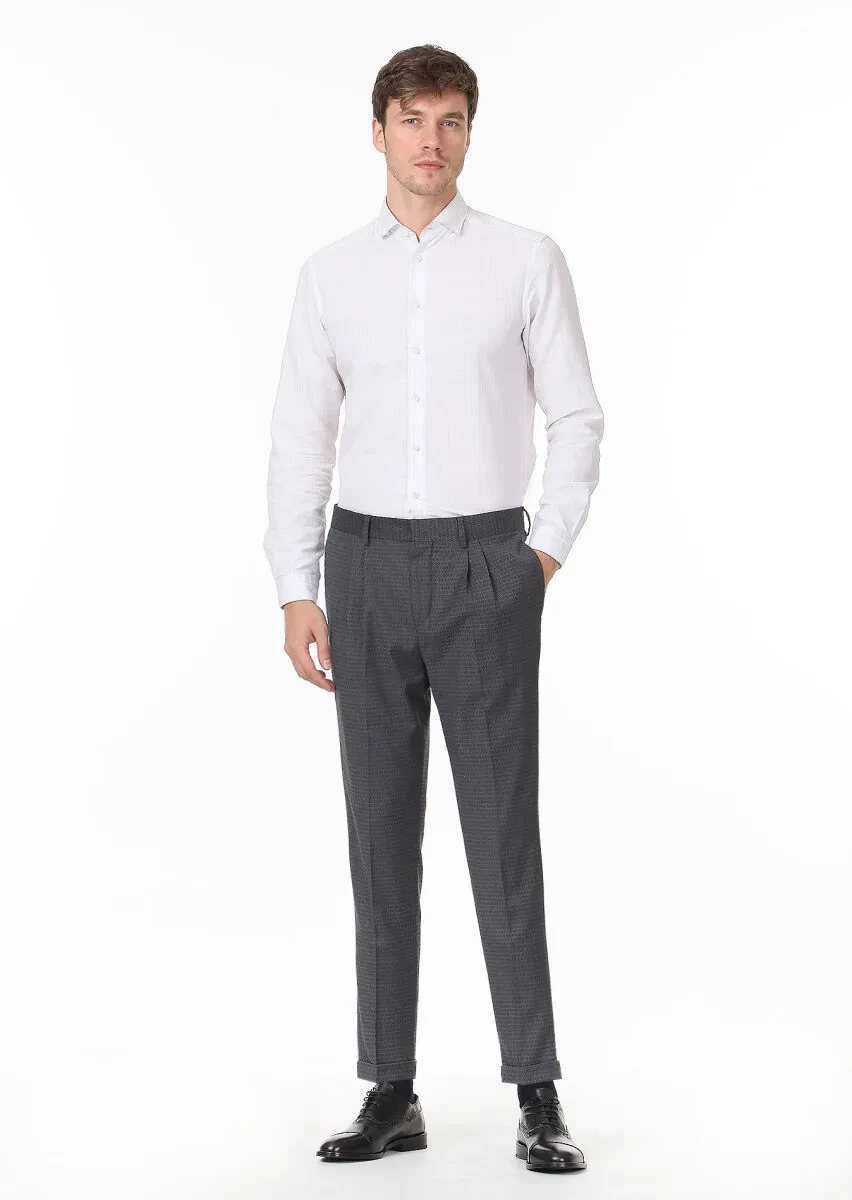 Antrasit Baskılı Dokuma Carrot Fit Klasik Yün Karışımlı Pantolon - 1