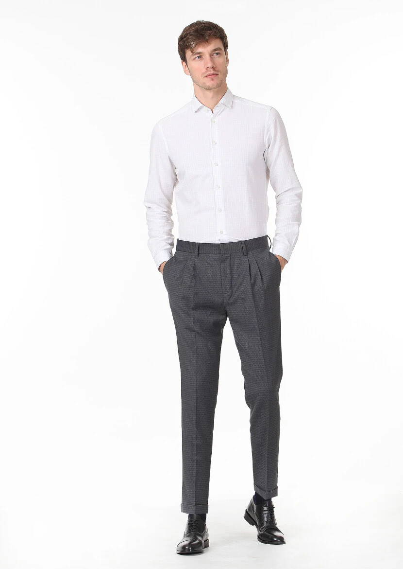 Antrasit Baskılı Dokuma Carrot Fit Klasik Yün Karışımlı Pantolon - 2